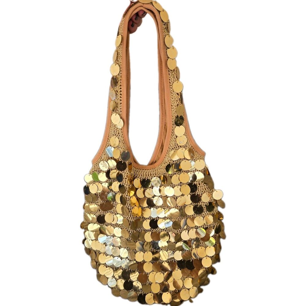 Y2K Gold Sequin Crochet slouchy Shoulder Bag Paillette Festival Glam barbie VTG